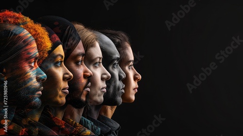 Human face made from portrait of different people of diverse age, gender and race over black background. Concept of social equality, human rights, freedom, diversity, acceptance