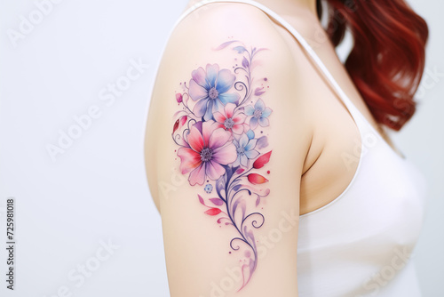 Colors flower tattoo on skin. Colors flower tattoo on shoulder. Woman's tattoo, flowers. Flower tattoo. Colors. Colorful. Tattoo ideas for women. Tattoo parlor. Tattoo artist profession.​