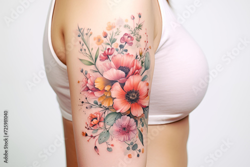 Colors flower tattoo on skin. Colors flower tattoo on arm. Woman's tattoo, flowers. Flower tattoo. Colors. Colorful. Tattoo ideas for women. Tattoo parlor. Tattoo artist profession.​