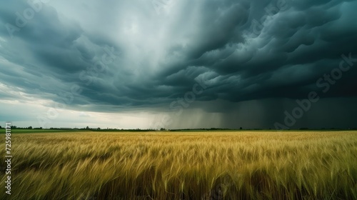 movement of clouds over an agricultural field with wheat. A storm and rain gray cloud floats across the sky with a visible rain band. Heavy rain in the village in summer