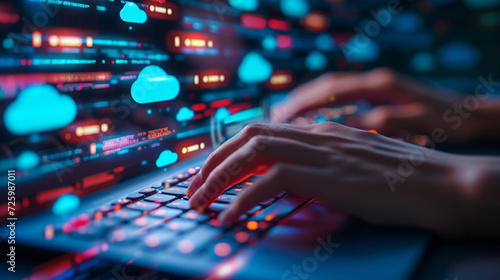 The hands of a developer typing on a glowing keyboard with cloud computing icons and scripts reflected on the screen, DevOps, Cloud Technologies, dynamic and dramatic compositions, with copy space