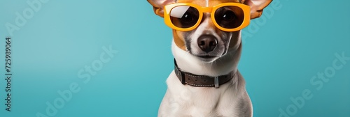Jack russell dog in sunglasses with space for text vacation concept blue background banner