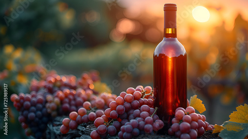 Vineyard harvest, red wine bottle among ripe grape clusters. Copy space