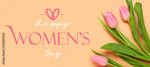 Banner for International Women's Day with beautiful tulips on orange background
