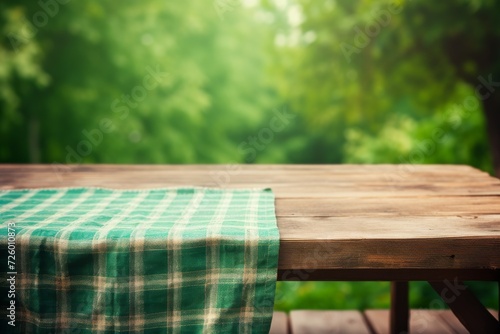 Wooden Table With Green and White Checkered Tablecloth