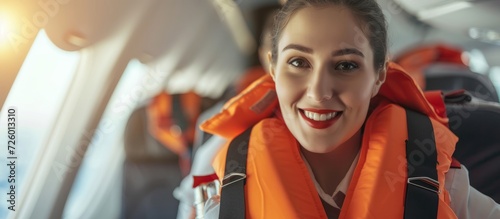 Cheerful flight attendant demonstrating safety procedures with life vest