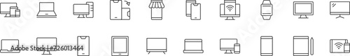 Collection of thin line icons of computers, tablets and mobile phones. Linear sign and editable stroke. Suitable for web sites, books, articles