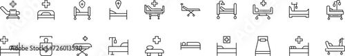 Collection of thin line icons of hospital bed. Linear sign and editable stroke. Suitable for web sites, books, articles