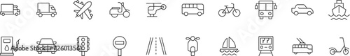 Collection of thin line icons of transport. Linear sign and editable stroke. Suitable for web sites, books, articles