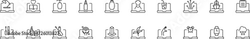 Collection of thin line icons of items over books. Linear sign and editable stroke. Suitable for web sites, books, articles