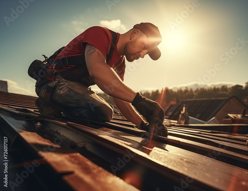 A man working on a sunlit roof, diligently carrying out his tasks.