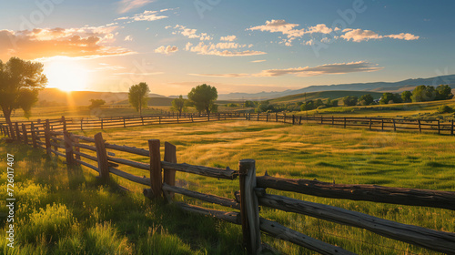 Picturesque landscape of a fenced ranch at sunrise -
