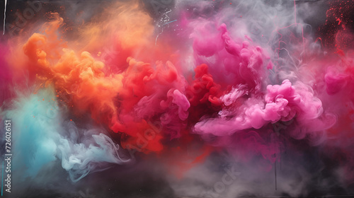 Bright explosion of pink, orange paint in form of cloud and smoke.