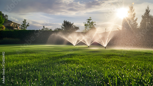 Irrigation sprinklers water lush grass, sunlight filters through fine mist, early morning care