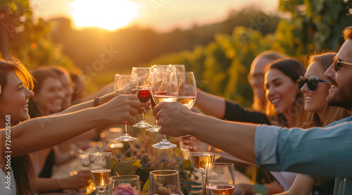 wine drinkers celebrating with wine tasting at sunset in wine country on a vineyard