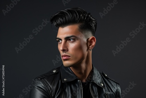 Stylish Young Man in Leather Jacket and Pompadour Hairstyle