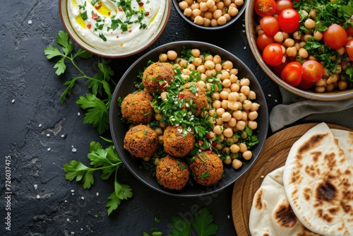Arab and Middle Eastern delicacies including spicy falafel with chickpeas from a top view along with traditional dishes like Foul and Hummus