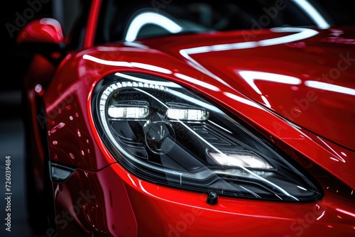 Black background with red headlights on modern car