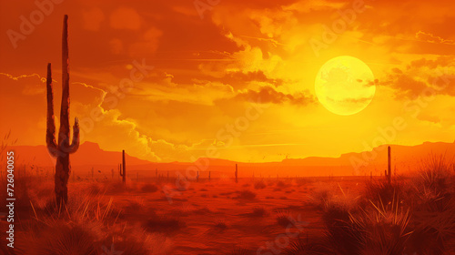 Vivid Sunset Over Desert with Saguaro Cactus - Nature Photography 