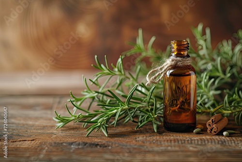 Small bottle of rosemary oil on wooden background Aromatherapy spa and herbal medicine Copy space