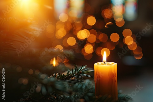 Blurry golden bokeh enhances the atmosphere during Christmas advent candle light in church evoking memories spirituality peacefulness and solemnity