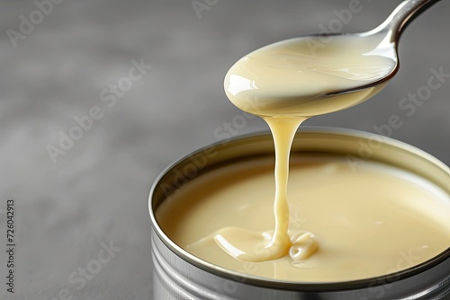 Closeup of condensed milk being poured into a tin can on a grey background