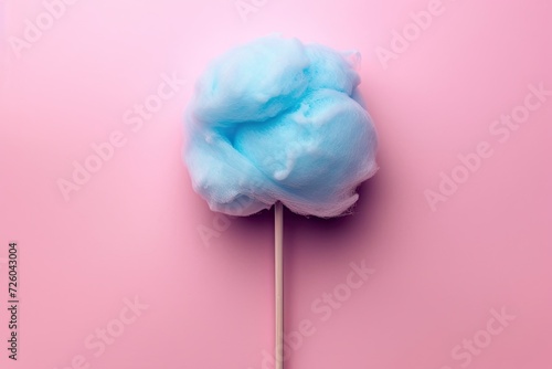 Stay with blue cotton candy on pink background viewed from above