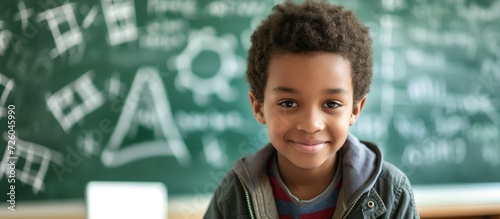 Happy mixed race schoolboy looking at camera while doing math on greenboard in elementary school classroom.