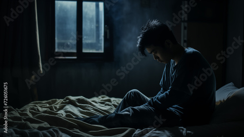a depressed young Asian man sitting in bed, unable to sleep from insomnia