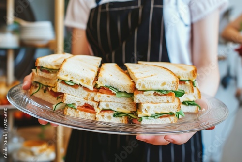 Woman holding a tray of sandwiches 
