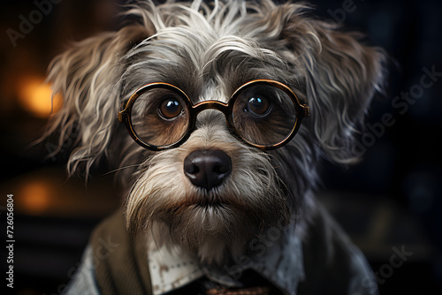 portrait of a dog wearing glasses. Pets.