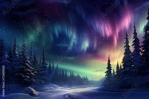Northern Lights, Colorful Aurora Sky Glowing, Fantasy Night Background. Beautiful Forest Winter Landscape with Water Surface. Dramatic Sky, Colorful Wallpaper, Poster, or Banner with Copy Space