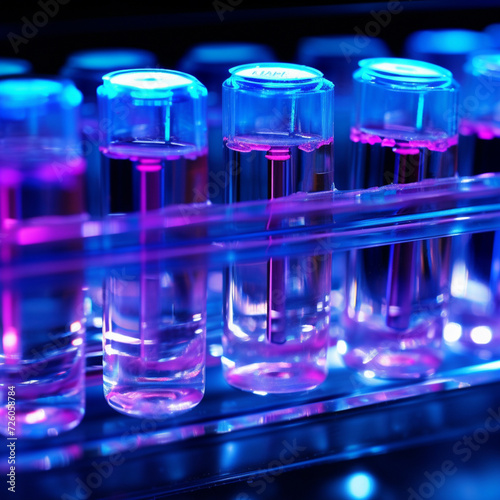 Close-up of DNA gel electrophoresis Action Scene. Gel showing separated DNA bands under UV light Background. Generative AI.