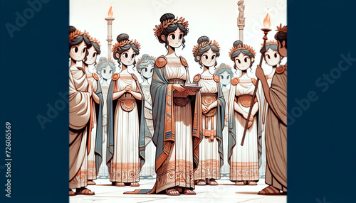 A historical image of the Roman Vestal Virgins, priestesses of the goddess Vesta, Hestia's Roman equivalent, depicted in a whimsical animated art styl.