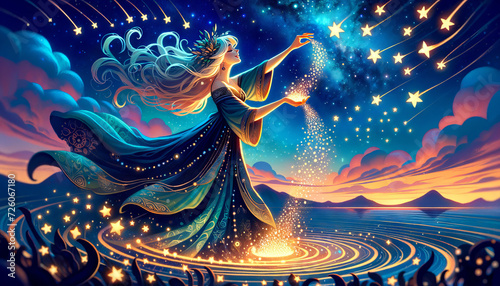 A whimsical, animated-style illustration of Demeter under a star-filled sky, sowing stars as seeds.