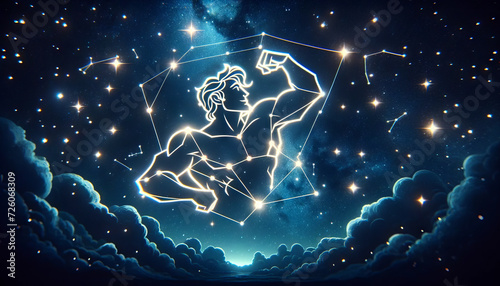 A whimsical, animated art style depiction of Hercules as a constellation in the night sky.