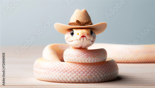 A humorous take on an albino corn snake wearing a tiny hat or bow, with good focus, good lighting, and no noise, in a 16_9 ratio.