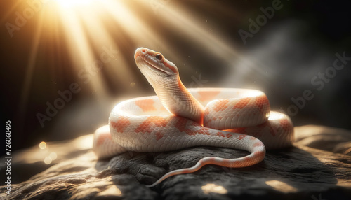 A serene image of an albino corn snake basking on a sunlit rock, with good focus, good lighting, and no noise, in a 16_9 ratio.