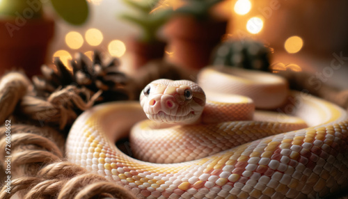 Albino corn snake in a cozy, home environment with soft lighting, with good focus, good lighting, and no noise, in a 16_9 ratio.