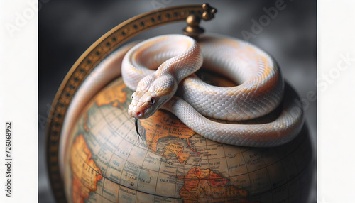 Albino corn snake on an antique globe, symbolizing exploration and discovery, with good focus, good lighting, and no noise, in a 16_9 ratio.
