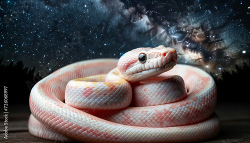 Albino corn snake with a backdrop of a starry night sky, with good focus, good lighting, and no noise, in a 16_9 ratio.