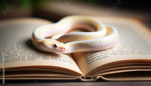 An albino corn snake on an open book, blending nature with literature, with good focus, good lighting, and no noise, in a 16_9 ratio.