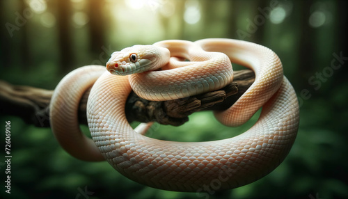 Close-up of an albino (amelanistic) corn snake coiled around a branch in a natural forest setting, with good focus, good exposure, and good lighting, .
