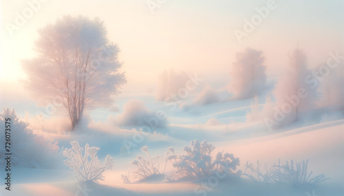 Soft, pastel winter morning landscapes, where the main part of the image is a plain color suitable for a background.