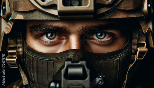 Close-up of a soldier's eyes reflecting the resolve and intensity of the mission.