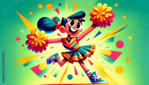 A whimsical, animated-style illustration of a cheerleader. The cheerleader is depicted in a dynamic pose, exuding energy and enthusiasm. 