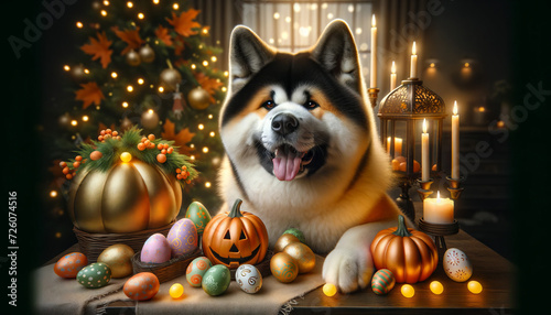 A photo-realistic image of an Akita with holiday decorations, like Easter eggs or Halloween pumpkins.