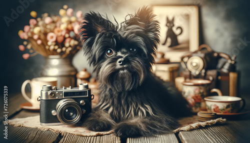 A high-resolution, photorealistic image of an Affenpinscher dog in a vintage styled setting, using retro filters or props for a nostalgic look.