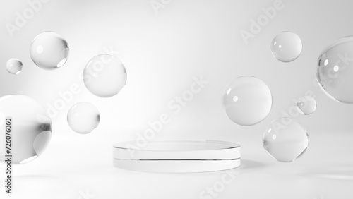 白背景に透明な球体のガラスと円形の台座。3D（横長）