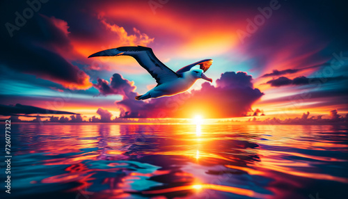 Albatross with a colorful ocean sunset background, creating a romantic and serene setting.